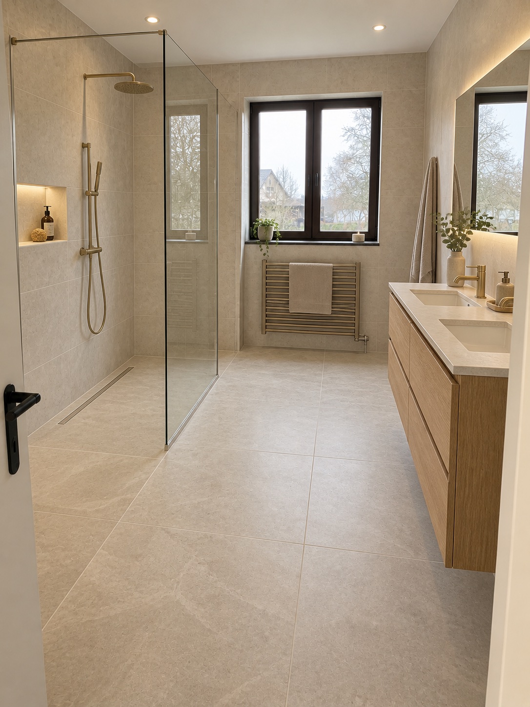 Après rénovation : salle de bain complète avec douche à l’italienne et meuble sur mesure